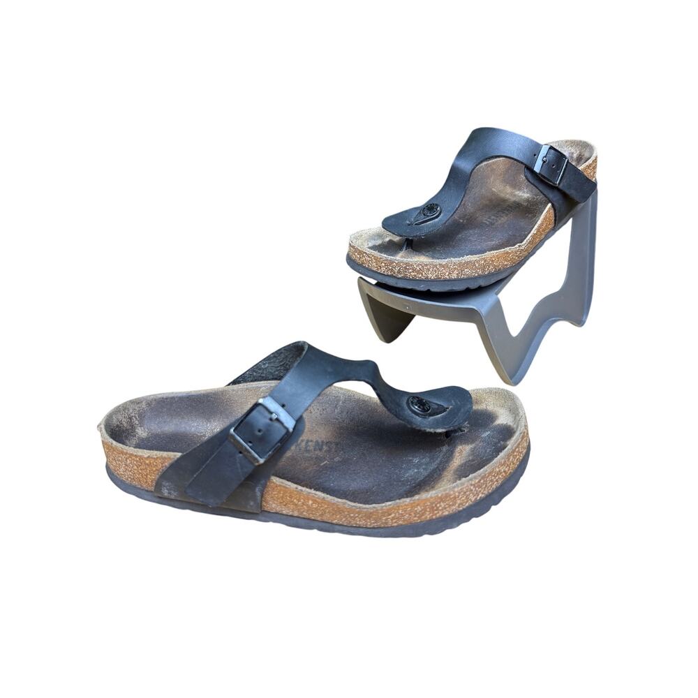 Birkenstock Gizeh Black Leather Buckle Strap Sandals Slides Shoes Womens 38 WORN